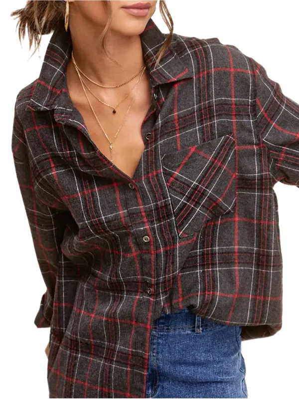 La Miel Plaid Oversized Shirt Gray Red Button Front Long Sleeve Top Small NWT - Image 5