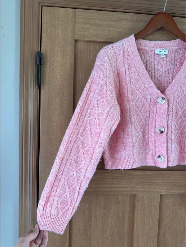 Topshop Wool Blend Cable Knit Crop Button Front Cardigan Pink Women’s XS - Image 3