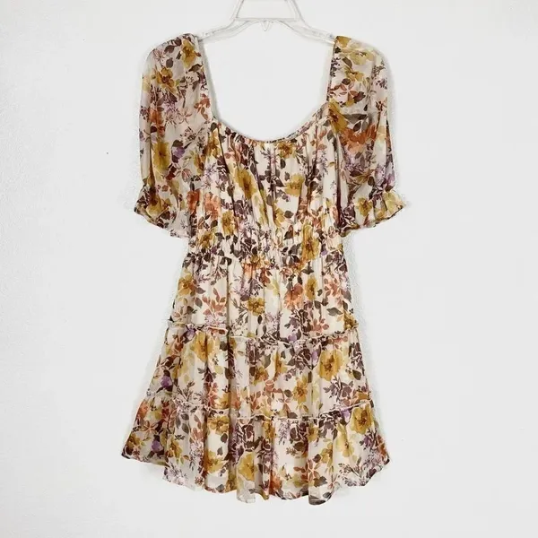 Trixxi White & Orange Floral Puff Sleeve Tiered Mini Dress - Image 3