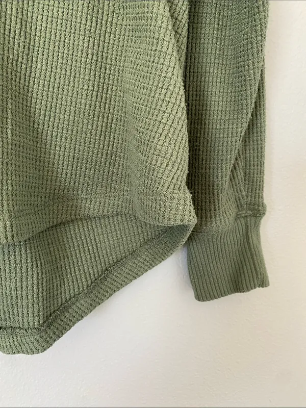 American Eagle Outfitters Olive Green Waffle Henley Long Sleeve Top - Image 4