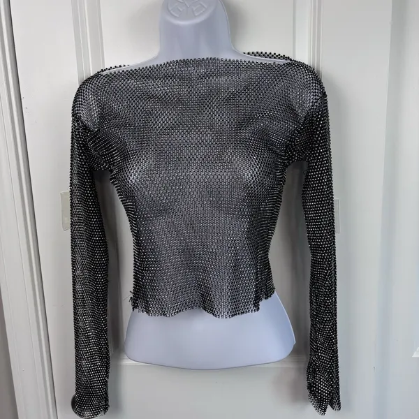 Akira Women's Black Glitter Mesh Metal Rhinestone Long Sleeve S/M Glam Y2K Party - Image 2