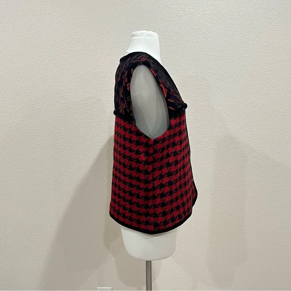 Coldwater Creek Red & Black Jacquard Floral Houndstooth Vest Velvet Trim Large - Image 6