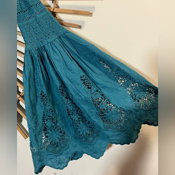 Free People Once Upon A Time Teal Lace Knit Bell Sleeve Top Fairy Boho - Image 4