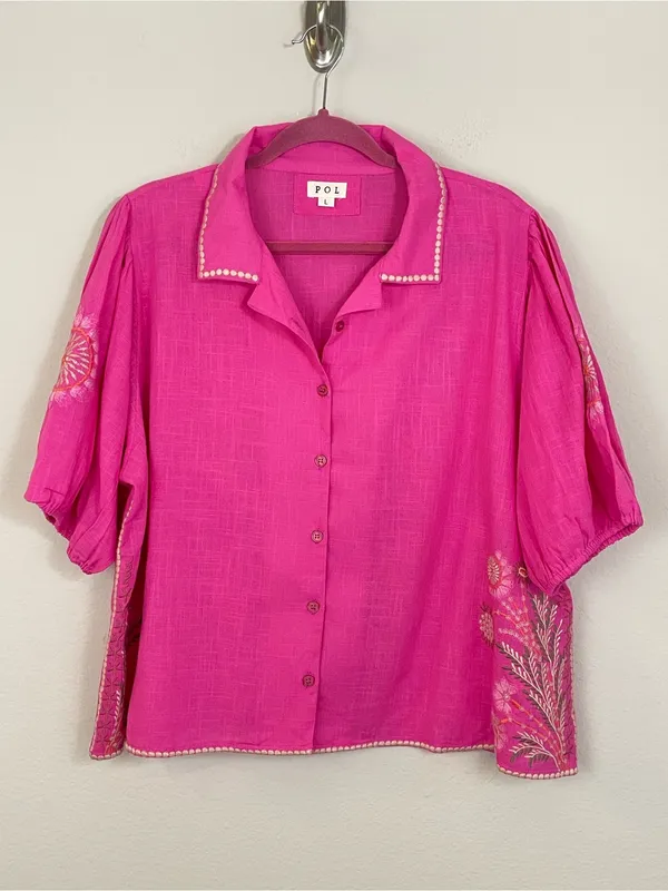 POL Bright Pink Embroidered Puff Short Sleeves Button-Front Blouse Size Large - Image 2