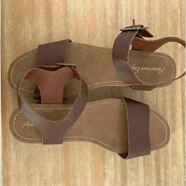 American Eagle 9.5 Women Brown Faux Wood Ankle Strap Clog Heel‎ Platform Sandals - Image 7