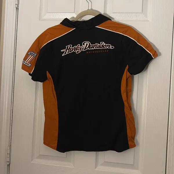Harley Davidson Black and Orange Short Sleeved Button Up Shirt Size Large - Image 5