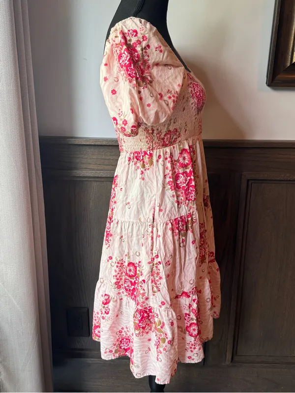 Ariat Pink Floral Smocked Midi Dress small flowers and horseshoes - Image 6