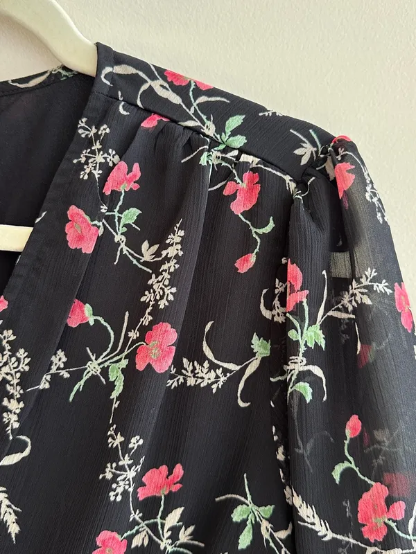 Haver London Smocked Waist Floral Flowy Blouse, Black/Pink, Size Large - Image 12