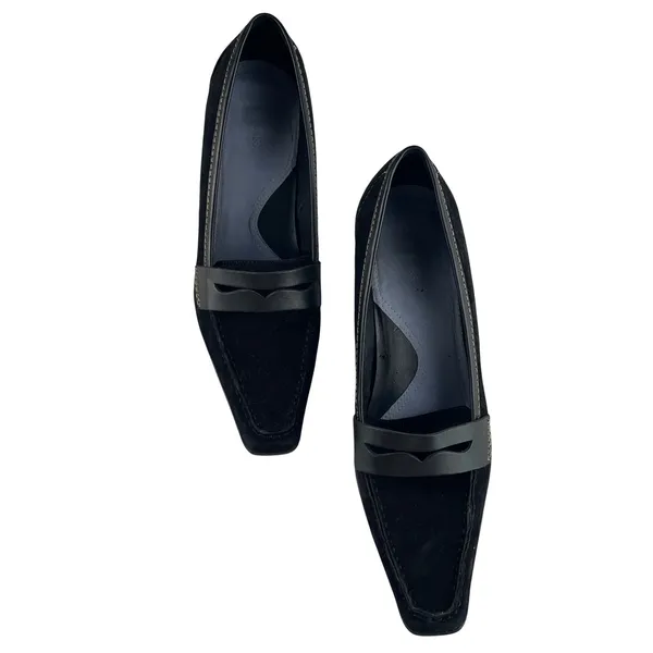 Aerosoles Black Suede Loafer‎ Women's 9.5M Square Toe Low Kitten Heel Shoes - Image 3