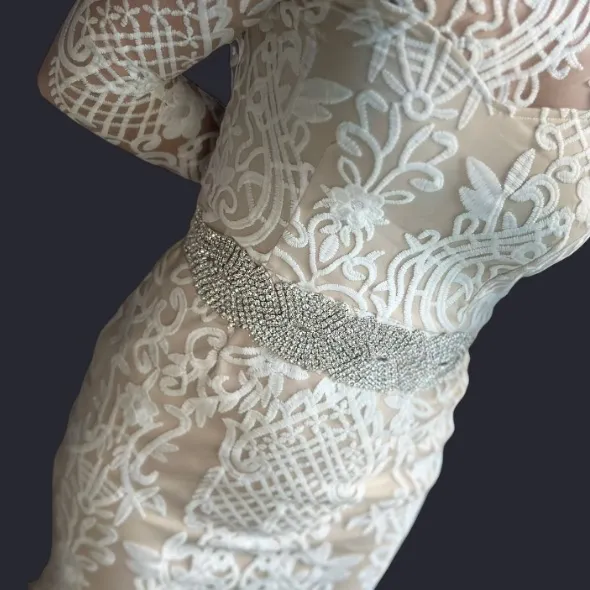 Elegant Ivory White & Nude Embroidered Lace Bohemian Dress With Rhinestone Belt - Image 2