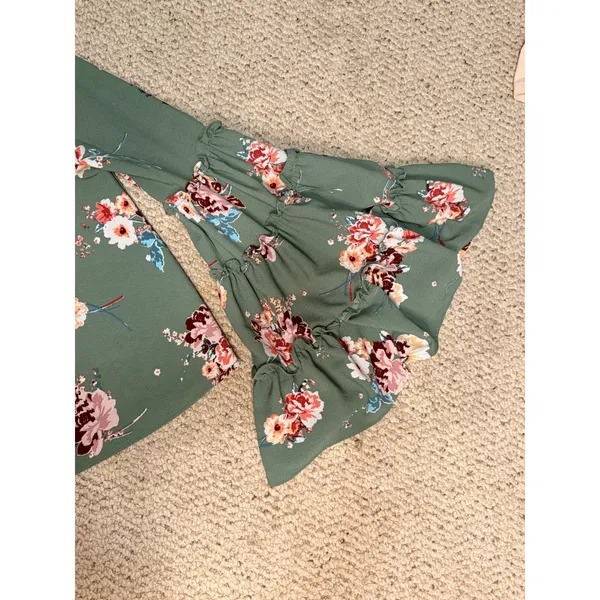Altar'd State Boho Floral Bell Sleeve Blouse Small Sage Green Peasant Top - Image 7