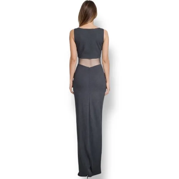 Vintage Black Mesh Cutout Maxi Dress Sleeveless Bodycon Column Gown Minimalist‎ - Image 2