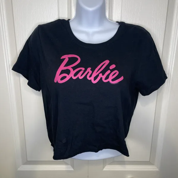 Mattel Barbie Cropped Crew Neck T-shirt Black With Barbie in Pink Writing Small - Image 2