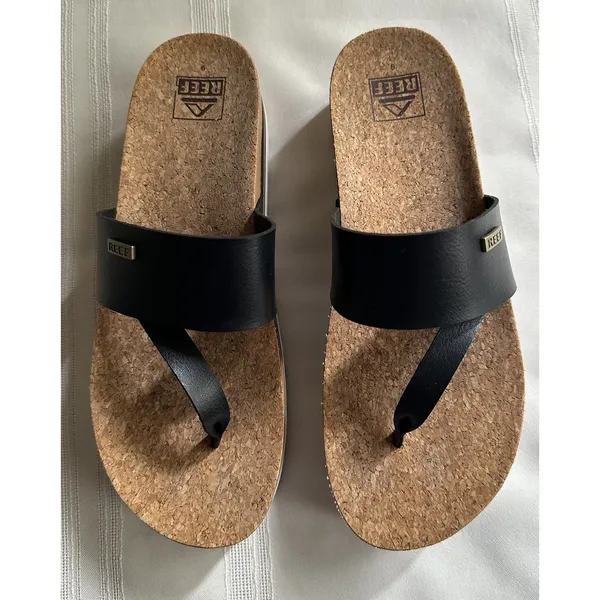 REEF Cushion Sol Hi Platform Flip Flop Sandals Black Tan Womens 9 Cork Wedge EUC - Image 14