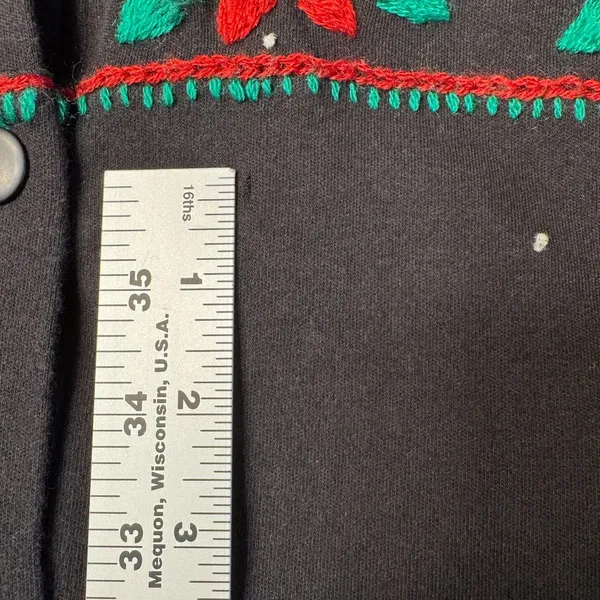 Bechamel Black Knit Button Christmas Cardigan Womens Small Poinsettia VTG FLAW‎ - Image 3