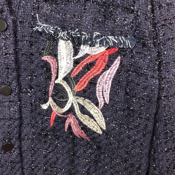 Foxiedox Floral Embroidered Fringe Tweed Jacket Dark Blue Women's Size Medium - Image 5