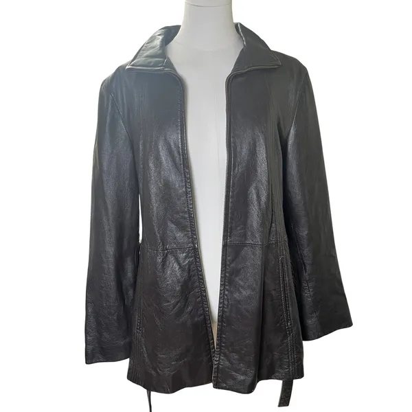 Leather Jacket‎ Belted Zip Front Mid Length Colebrook Black Women L - Image 4