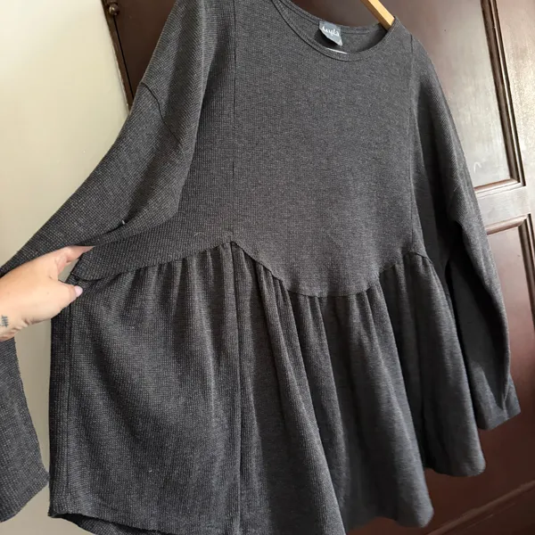 ARULA | Dark Gray Heather Waffle Scalloped Waist Babydoll Long Sleeve Top 2XL B - Image 5