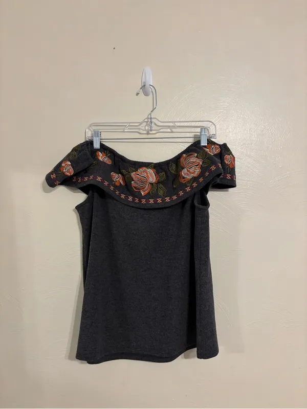 THML XL Embroidered Floral Off Shoulder Knit Top Charcoal Boho - Image 8