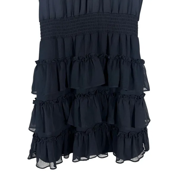 Express Smocked Mock Neck Solid Tiered Ruffle Mini Dress Black Whimsigoth Size S - Image 4