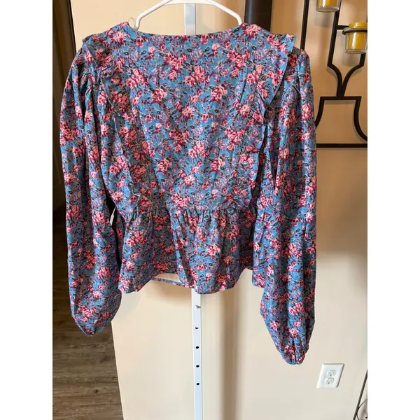 Entro Blue Pink Floral Corduroy Peplum Top V-Neck Ruffle Long Sleeve Blouse L - Image 6