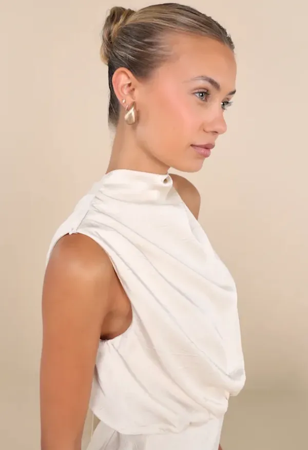 Lulus Champagne Crinkle Satin Mock Neck Sleeveless Midi Dress - Image 4