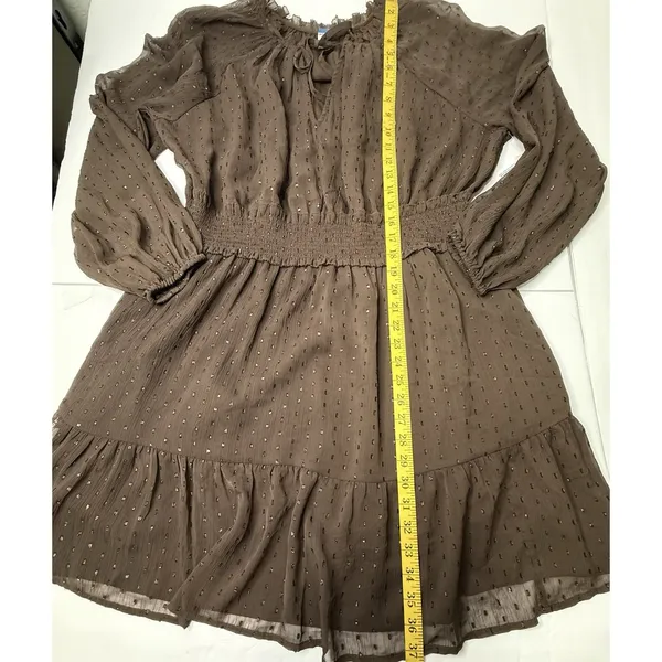 Old Navy Brown Metallic Dot Mini Dress XL Smocked Waist Chiffon Fit Flare 812952 - Image 4