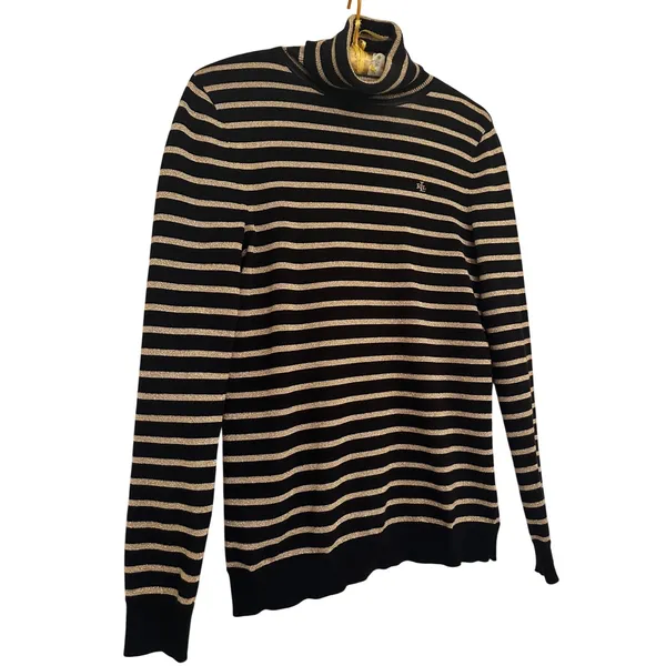 Lauren Ralph Lauren Black Gold Metallic‎ Striped Turtleneck Sweater Womens Sz S - Image 2