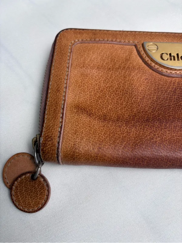 Chloé Eclipse Zip Around Continental Wallet Vintage Tan Leather Gold Hardware - Image 2