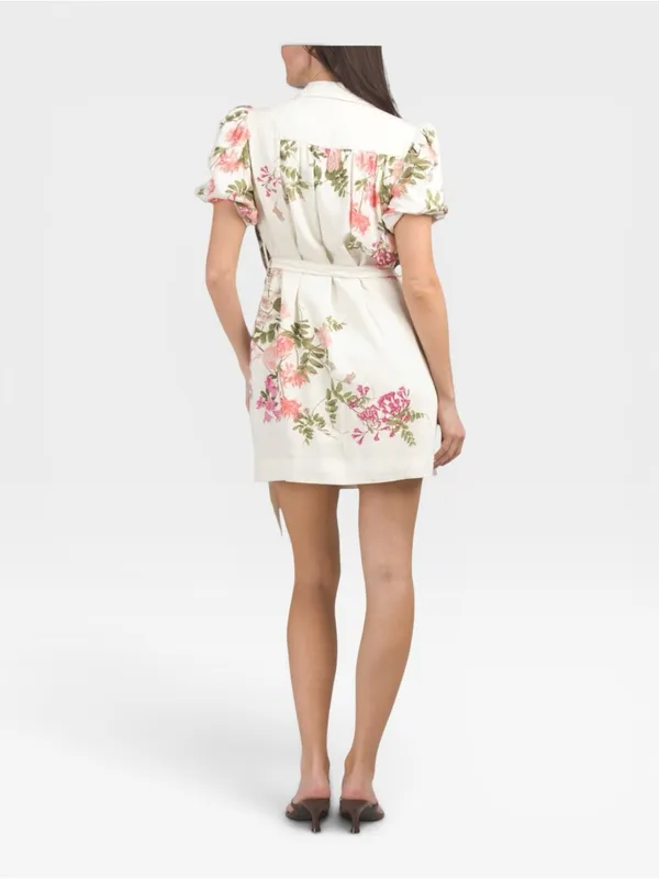 TAYLOR Floral Belted Button Front Mini Shirt Dress Cream Pink Size 2 NWT - Image 3