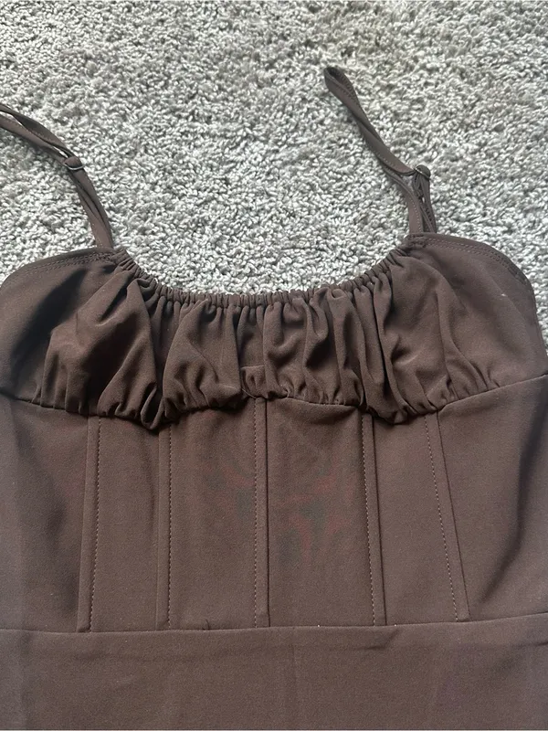 Tic Toc Ruched Bust Brown Mini Dress with Adjustable Straps - Image 3