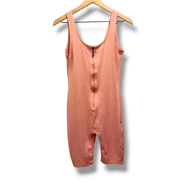 Pink Zip Front Biker Short Romper Workout Lounge Jumpsuit Size Large - Image 2