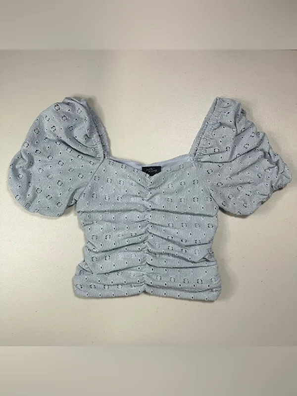Milk & Honey 🥛 🍯 - Ruched Eyelet Puff-Sleeve Crop Top in Light Blue - Image 2