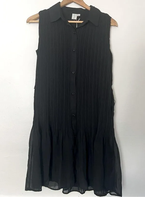 NWT pleated sleeveless shirt dress collared button down black size small - Image 2