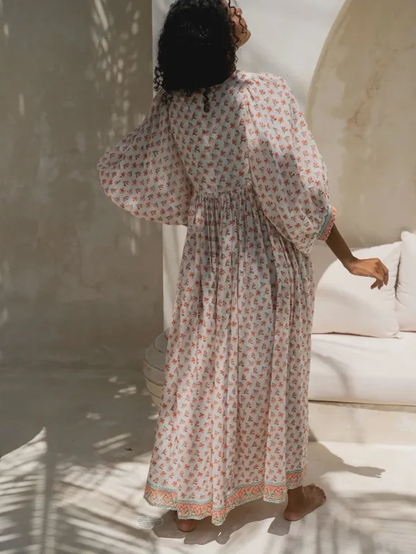 Daughters of India Kyra Coral Floral V-Neck Maxi Dress 3/4 Balloon Sleeve S - Image 3