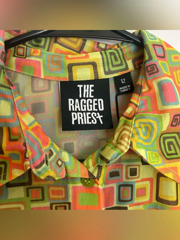 NWT Raggesd Priest Colorful Retro Square Button Down Mesh Shirt Mini Dress 12 - Image 8