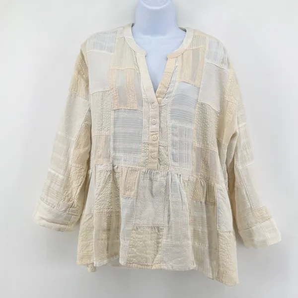 Anthropologie Maeve The Zoe Patchwork Swing Blouse S Cream Linen Cotton Henley - Image 2