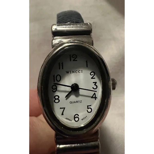 Wincci Quartz Watch Silver Tone‎ Black Faux Leather Cuff Bracelet Japan Movt - Image 4