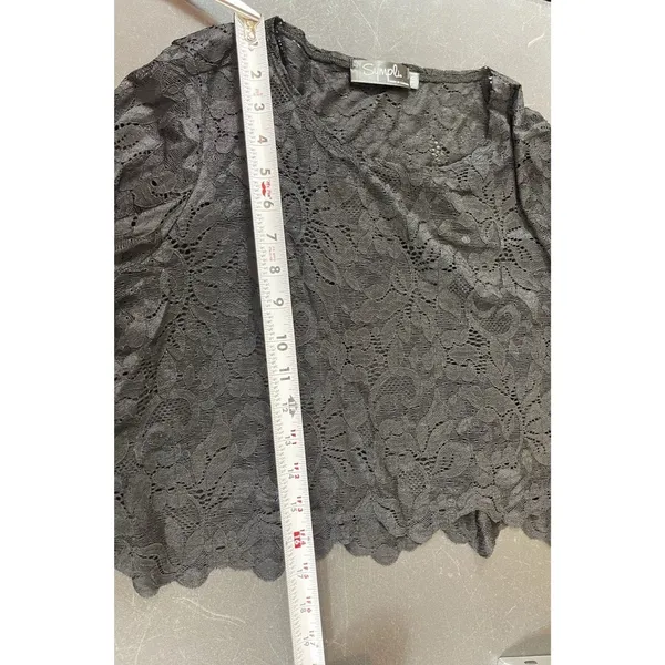Sympli Women’s 10 Sheer Black Floral Lace Top Long Sleeve Cropped Scalloped Hem - Image 5