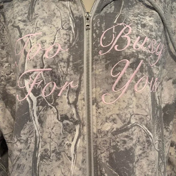 Cult Favorite Camo Zip Hoodie Womens Small Gray Pink Too Busy For You Y2K Fleece - Image 2
