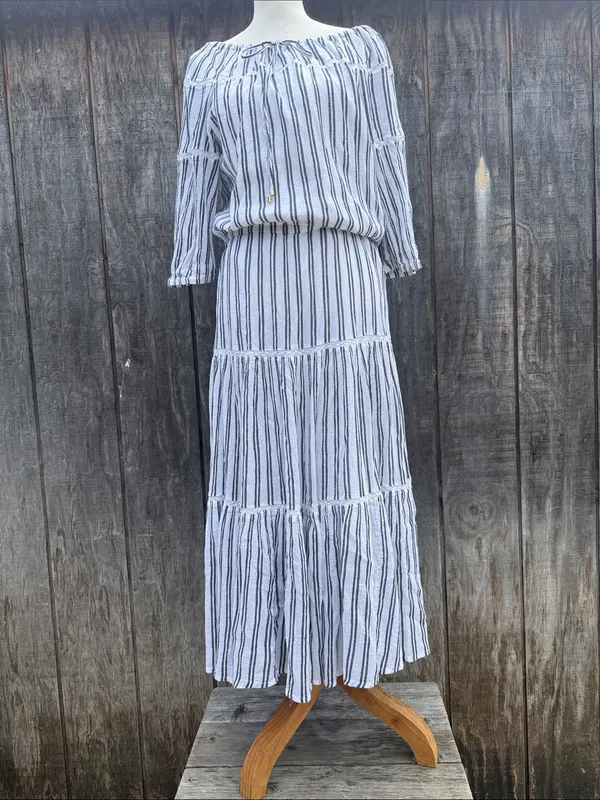 Lauren Ralph Lauren White Maxi Dress Black Stripes Ruffled Tiered Hem Sz 14 - Image 2