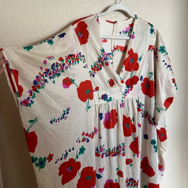 Vintage 70s Floral Kaftan MuuMuu Empire Waist Sz Medium‎ Red White - Image 3