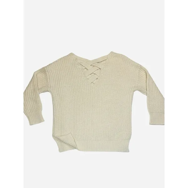 Skies Are Blue Small Oatmeal‎ Sweater Criss Cross Back Chunky Knit Cozy Casual - Image 3