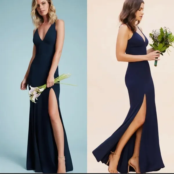 NWOT Dress the Population Iris Slit Crepe midnight blue navy Gown sz S - Image 2