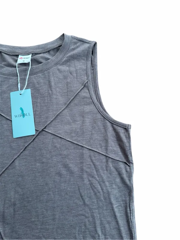 WIHOLL Women's Gray Sleeveless Tank Top Geometric Stitch Casual Crew Neck Size M - Image 3