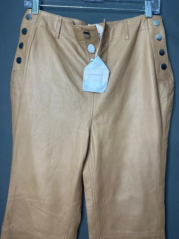 Camila Coelho Womens M 100% Lamb Leather Pants NWT Snap Detail Tan FLAWED - Image 2