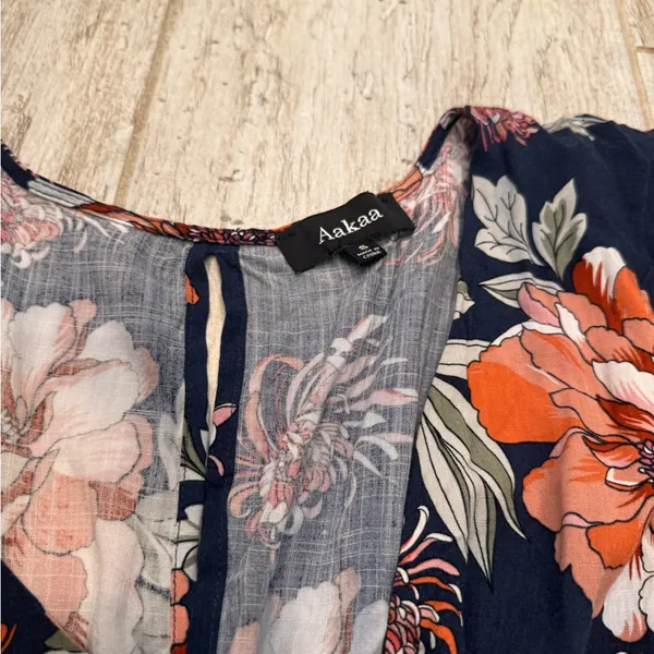 Aakaa Navy Floral Mini Dress with Orange and White Accents Size Small - Image 4