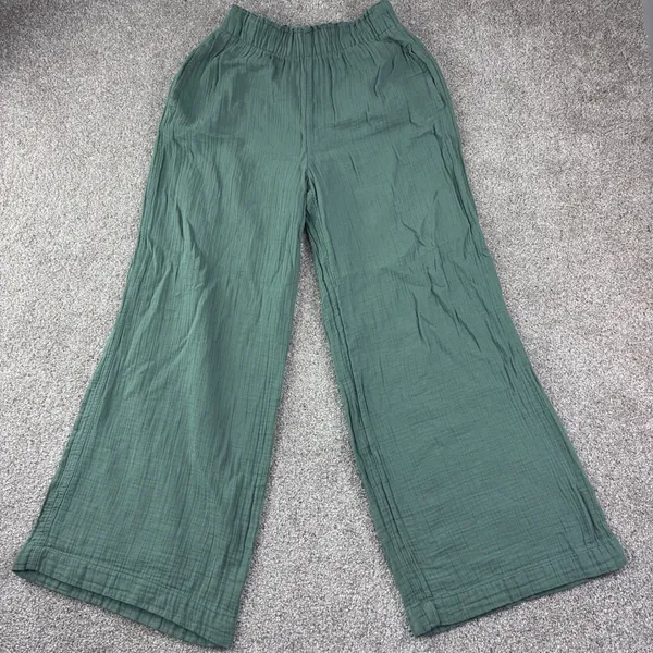 Gap Gauze Wide Leg Pants Womens‎ S Green Cotton Pull On Elastic Waist Lagenlook - Image 2