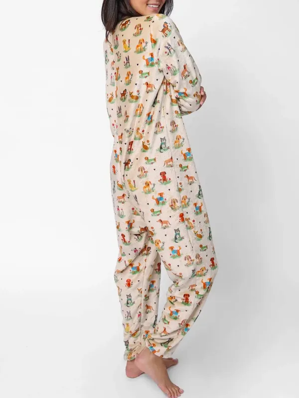 Natural Life Dog Park One Piece Pajamas Large Plush Fleece Dog Print Jumpsuit - Image 4