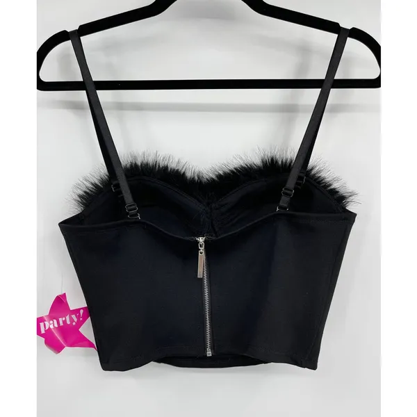Say What Black Faux Fur Feathers Trim Bustier Crop Top Corset Padded Large NEW - Image 9